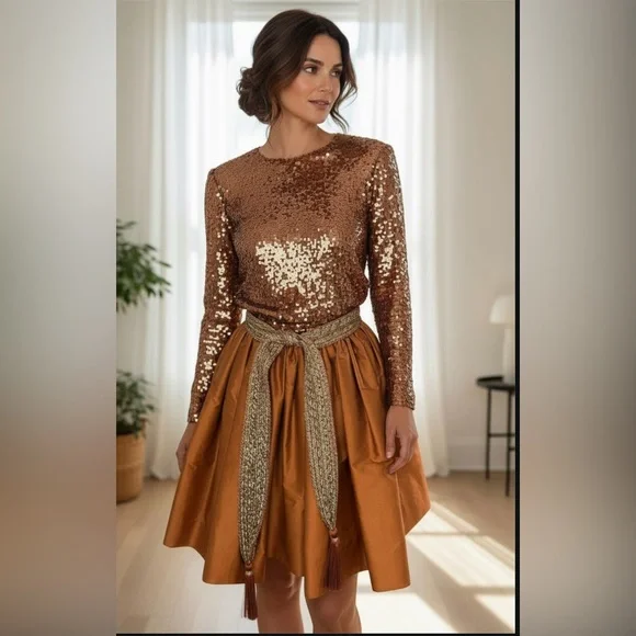 Vintage Oscar de la Renta Studio Sequin and Silk Bronze Formal Mini Dress - Picture 3 of 15